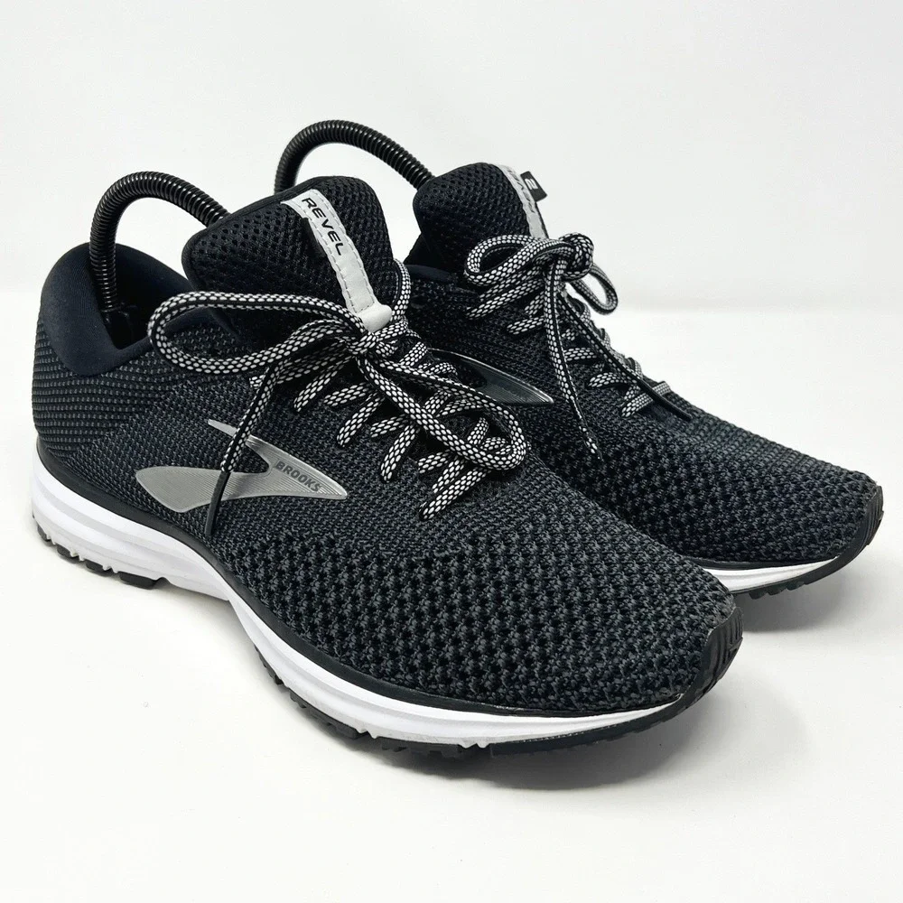 Brooks Revel 2 Womens Running Shoes Size 9.5 Black White Grey Knit 1202811B012